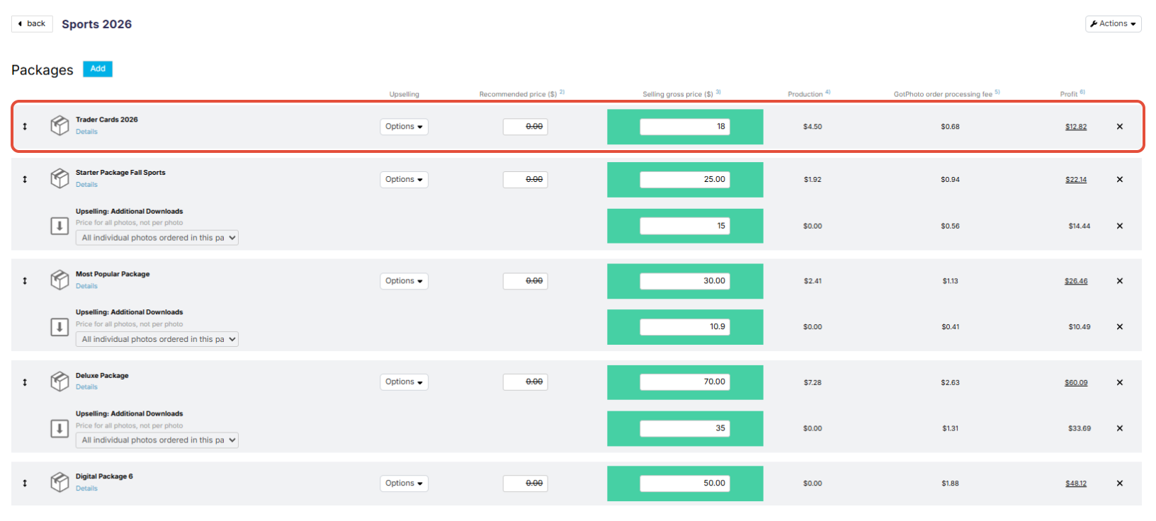 Price list showing package added
