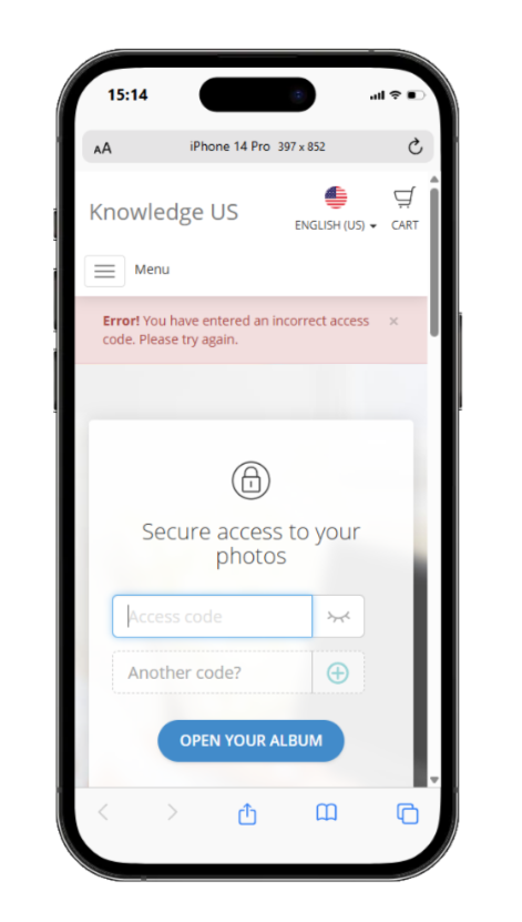 Error message showing an incorrect access code was entered.