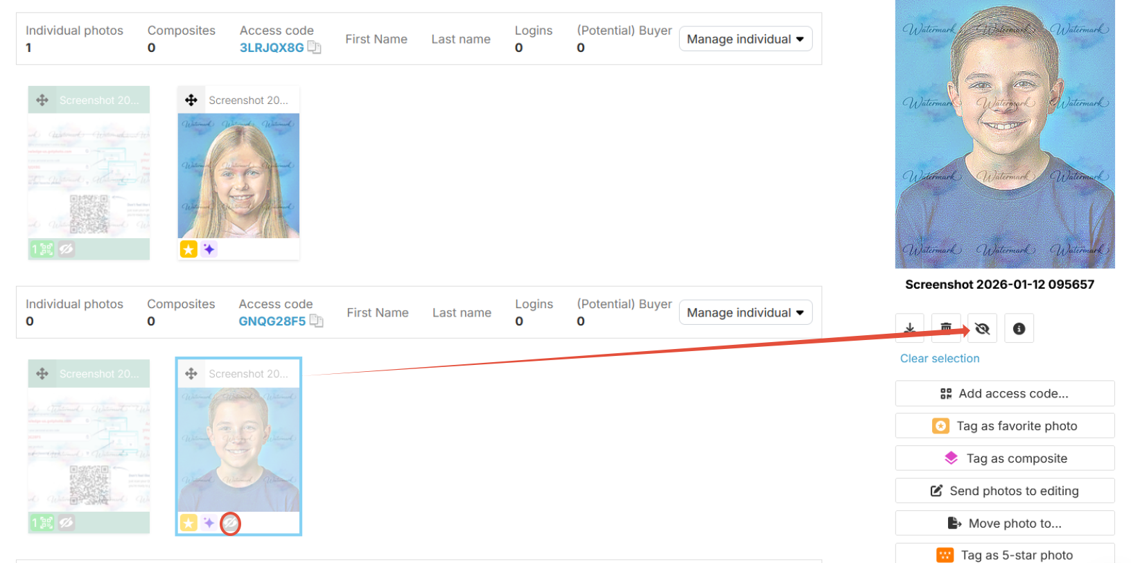 Hidden image indicator showing an eye icon in Photo Management.