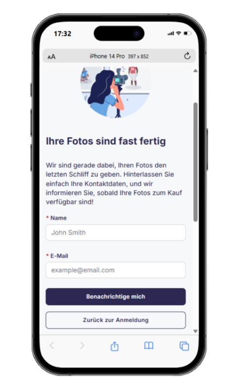 Hinweis zu fast fertigen Fotos mit Registrierungsformular im Planungsmodus