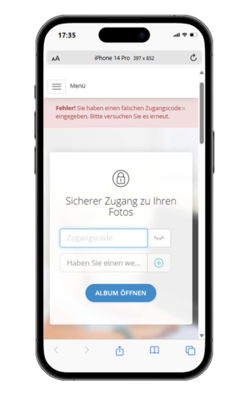 Fehlermeldung falscher Zugangscode