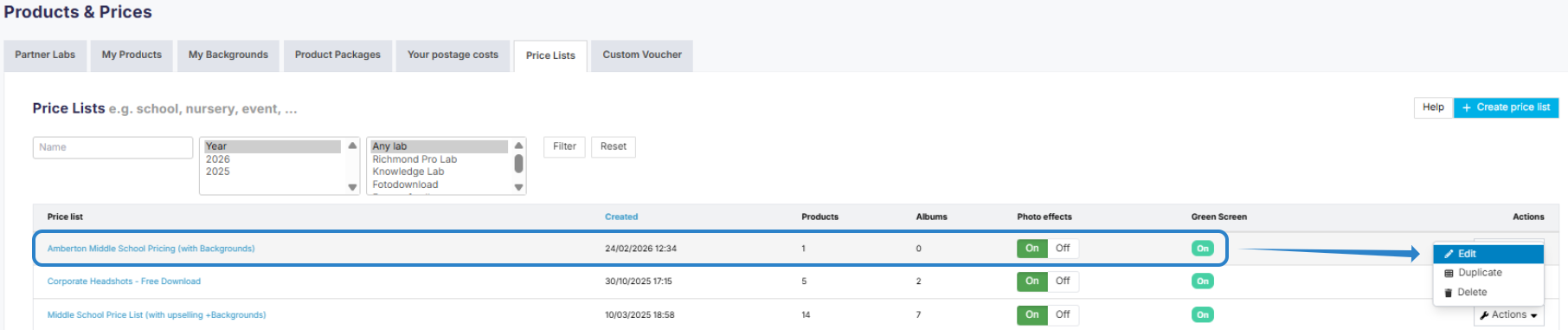 Screenshot of the price lists tab showing how to edit the price list.