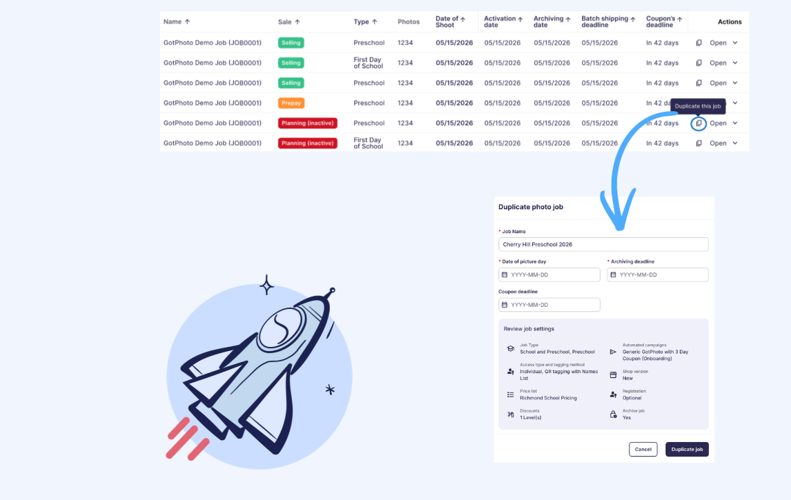 Screenshot of the Job Duplication feature in GotPhoto used to copy job settings.