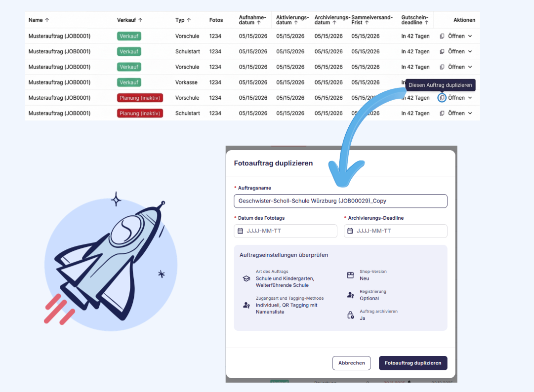 Ansicht der Fotoauftrag-Duplizierung zum Kopieren bestehender Einstellungen.