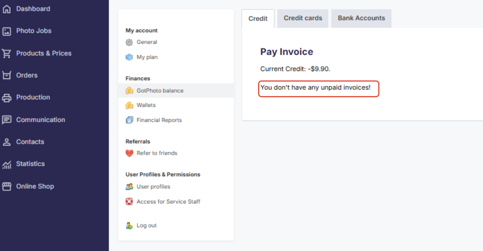 GotPhoto balance screen showing all past invoices paid
