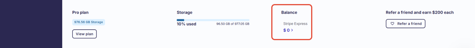 Dashboard footer, the Balance area is highlighted.