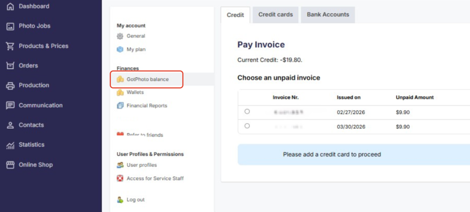 GotPhoto Balance page showing a list of past unpaid invoices that must be paid separately