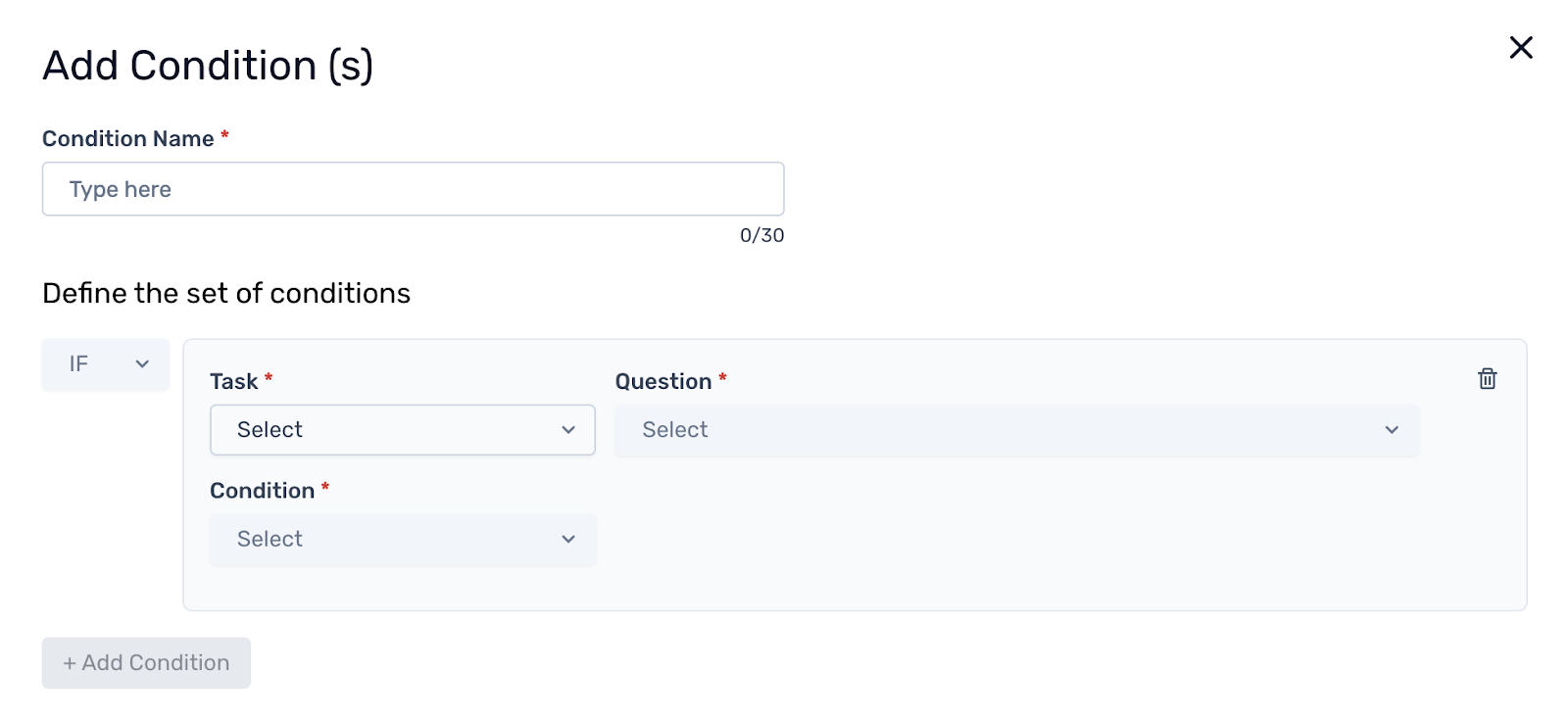 Workflow task with + icon showing Add Condition and Add Task options