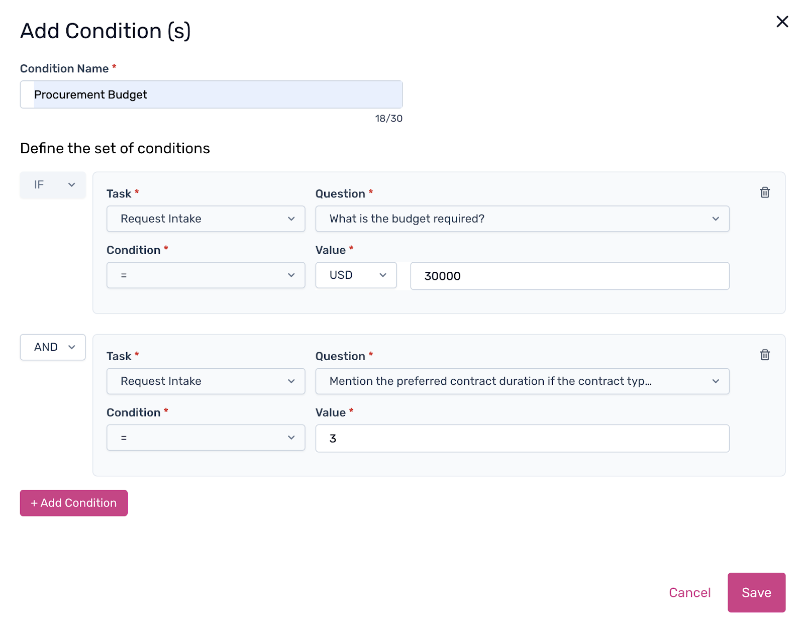 Condition rule configuration with Task, Question, Condition and Value fields