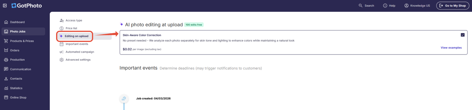 Job settings page showing AI photo editing checkbox