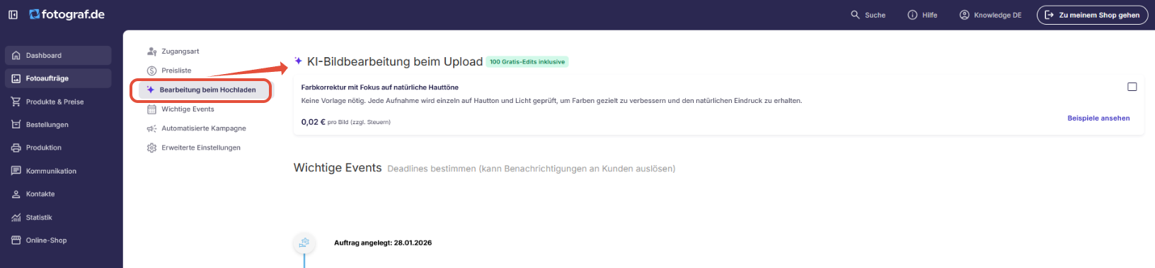 Beispielbilder in den Auftragseinstellungen anzeigen