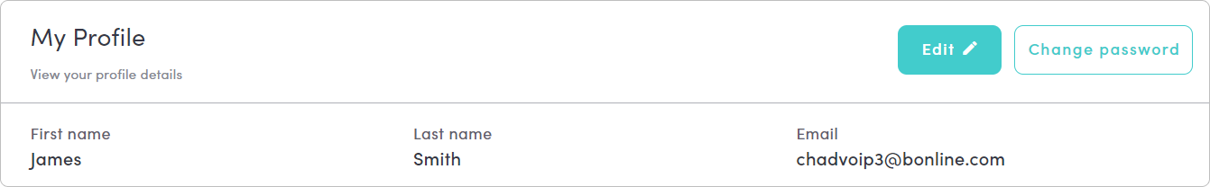 The MybOnline portal showing the top-right drop-down menu with the Profile and preferences option highlighted, and the My Profile section displaying First name, Last name, Email, and the Edit and Change password buttons.