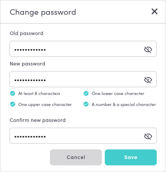 The Change Password pop-up in the MybOnline portal showing the current password, new password, and confirm password fields with a Save button.