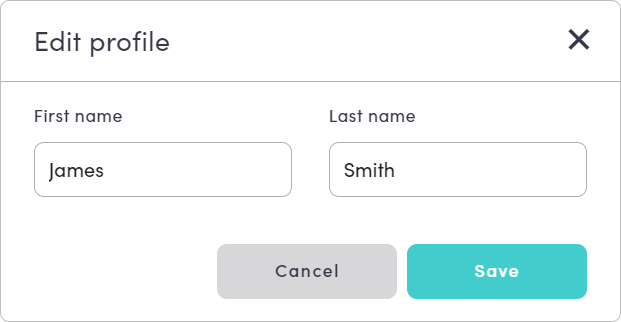 The Edit Profile pop-up in the MybOnline portal showing the First name and Last name fields with a Save button.