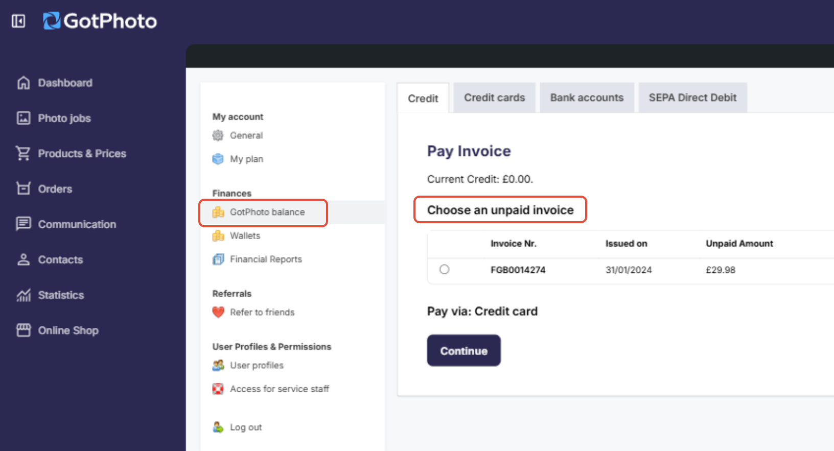 GotPhoto Balance shows past unpaid invoice