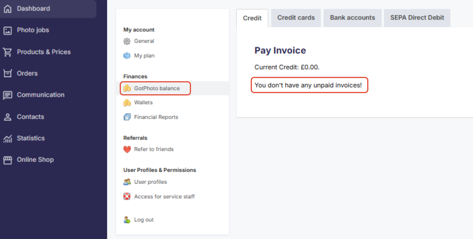 GotPhoto balance shows that there is currently no past unpaid invoice