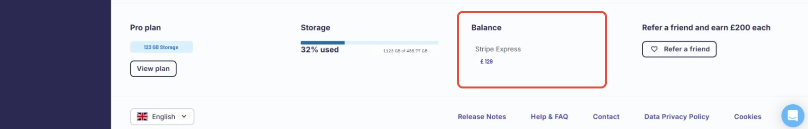 Dashboard view: Only Stripe balance is shown.