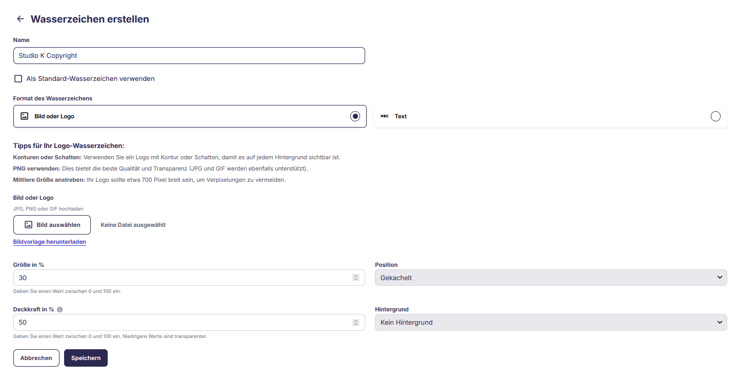 Upload-Ansicht mit Positionierungsoptionen für Wasserzeichen
