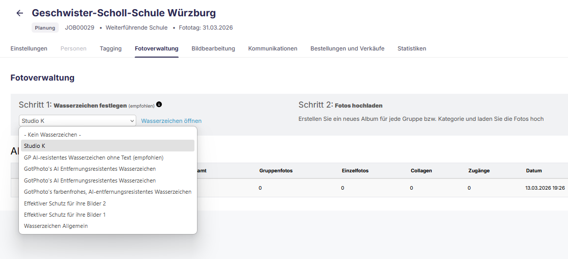 Dropdown zur Auswahl eines Wasserzeichens im Foto-Management