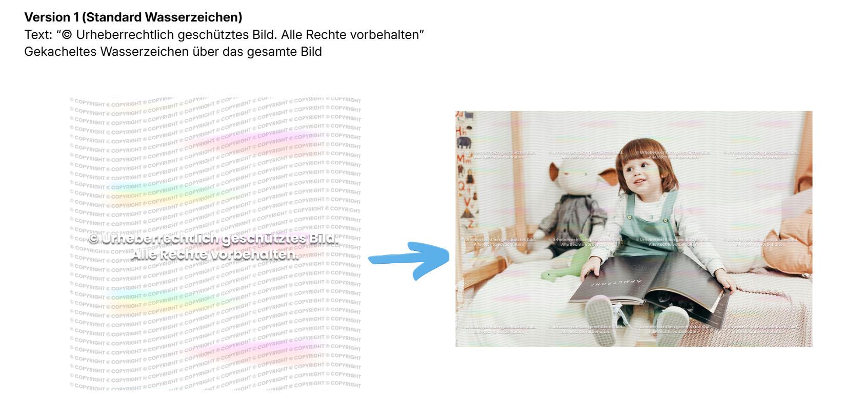Standard-Hybrid-Wasserzeichen mit wiederholtem Copyright-Text über das gesamte Bild