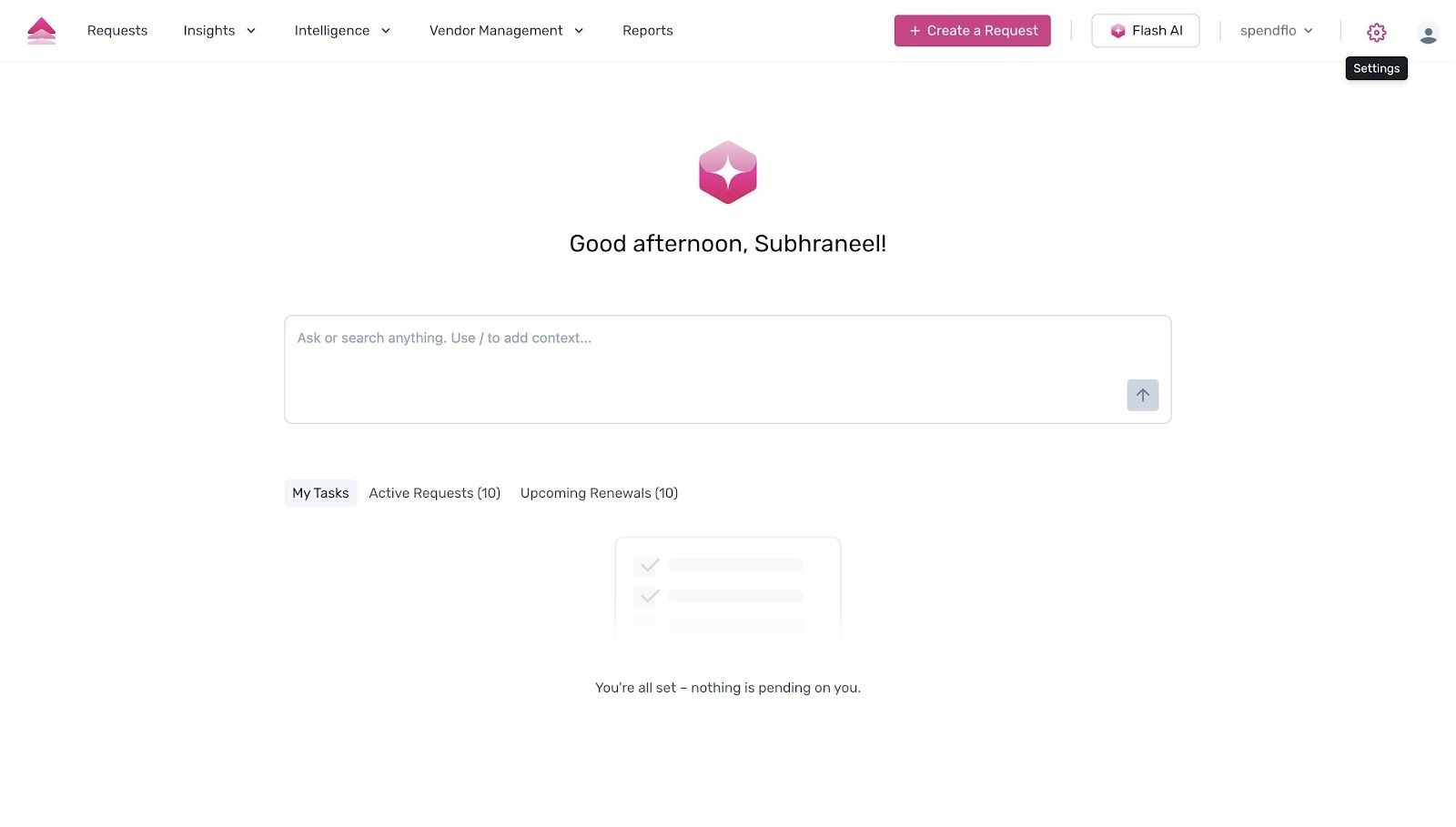 Spendflo dashboard – Settings gear icon in top navigation