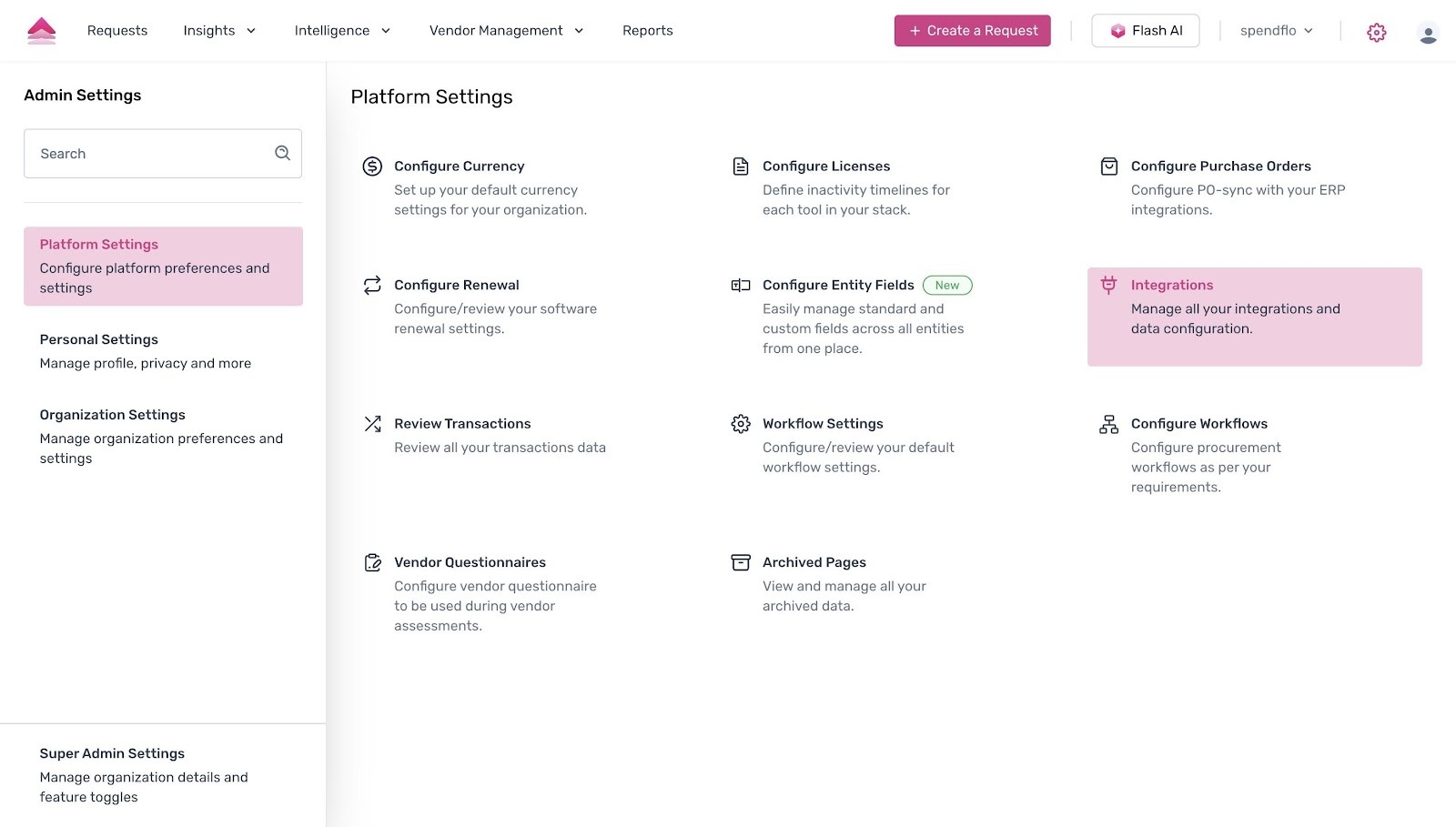 Admin Settings – Platform Settings – Integrations card