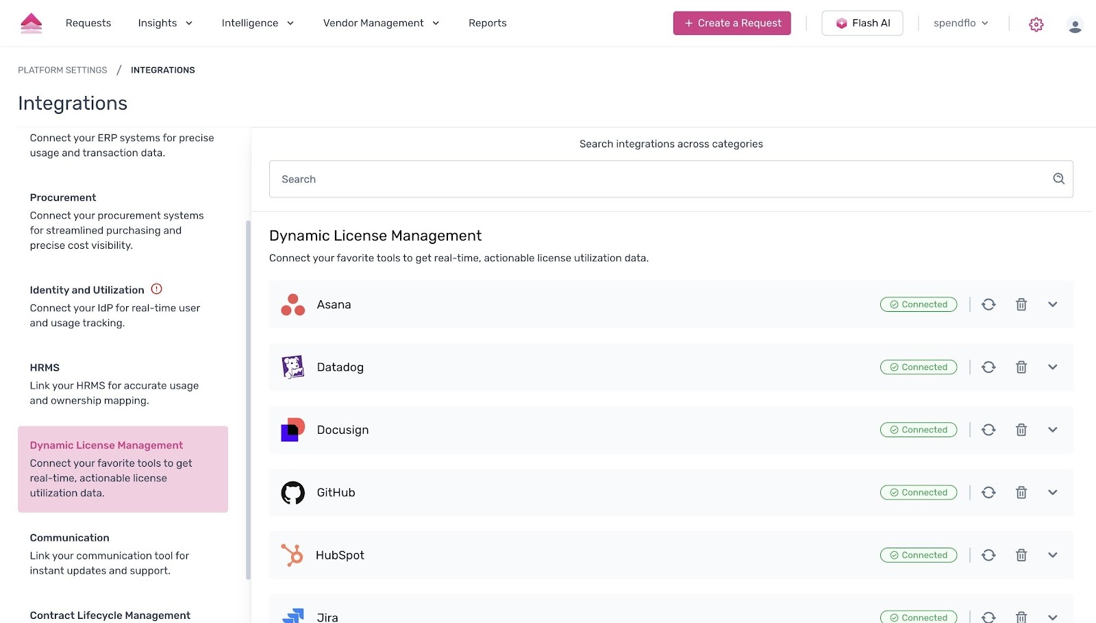 Integrations page – Dynamic License Management in left sidebar