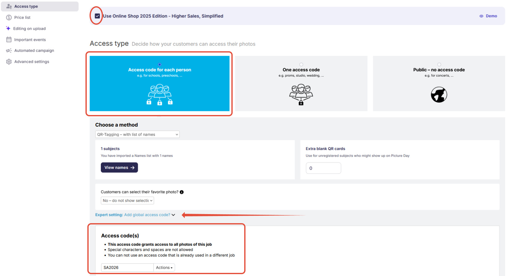 Global access code as replacement for "One access code" access type