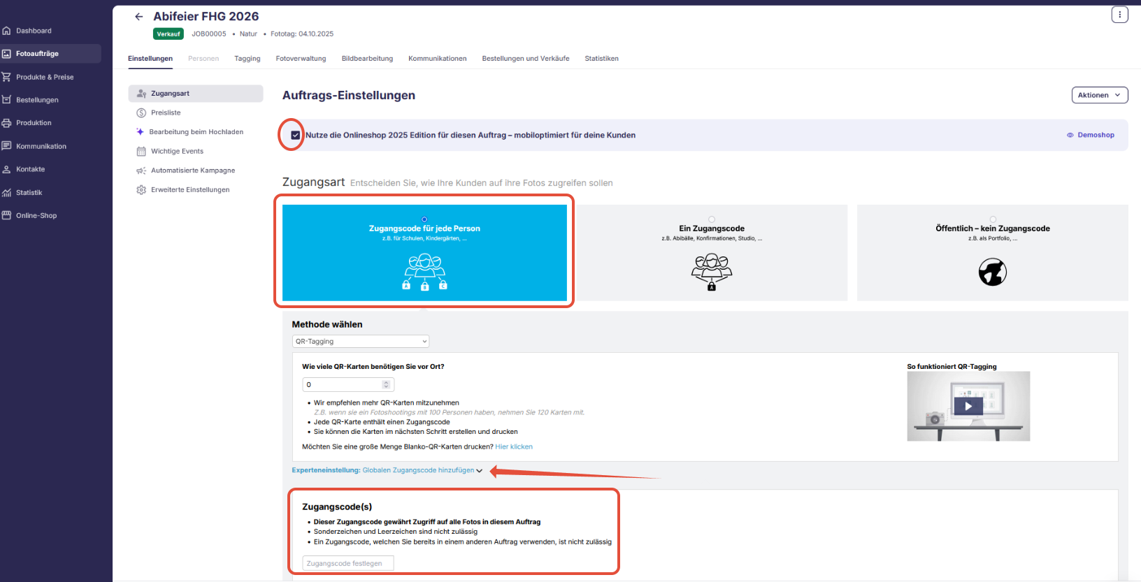Global access code as replacement for "One access code" access type