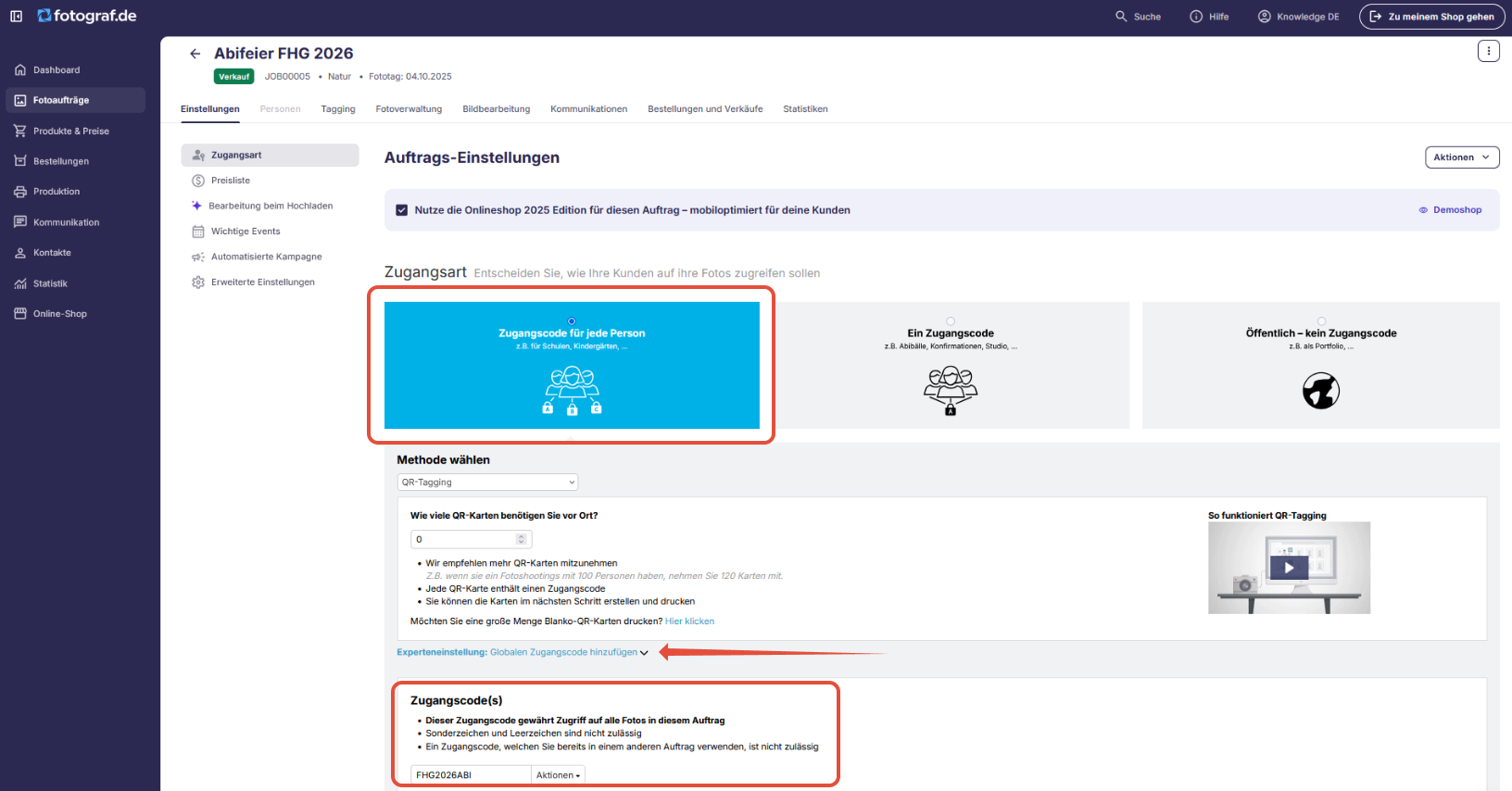Option zum Hinzufügen eines globalen Zugangscodes