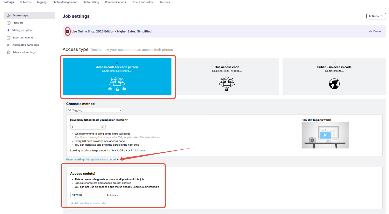 Setting up a global access code for the new shop
