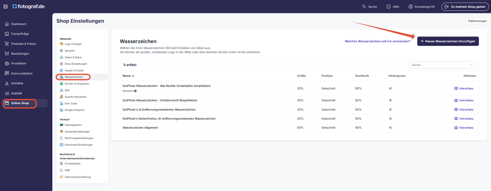 Übersicht der Wasserzeichen-Seite mit Button zum Hinzufügen eines neuen Wasserzeichens