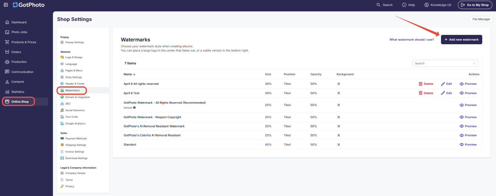 GotPhoto watermark page with Add new watermark button highlighted.