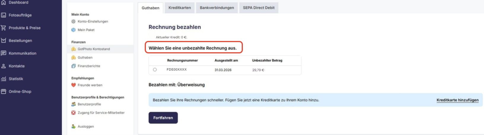 Anzeige offener Rechnungen im fotograf.de/GotPhoto Konto