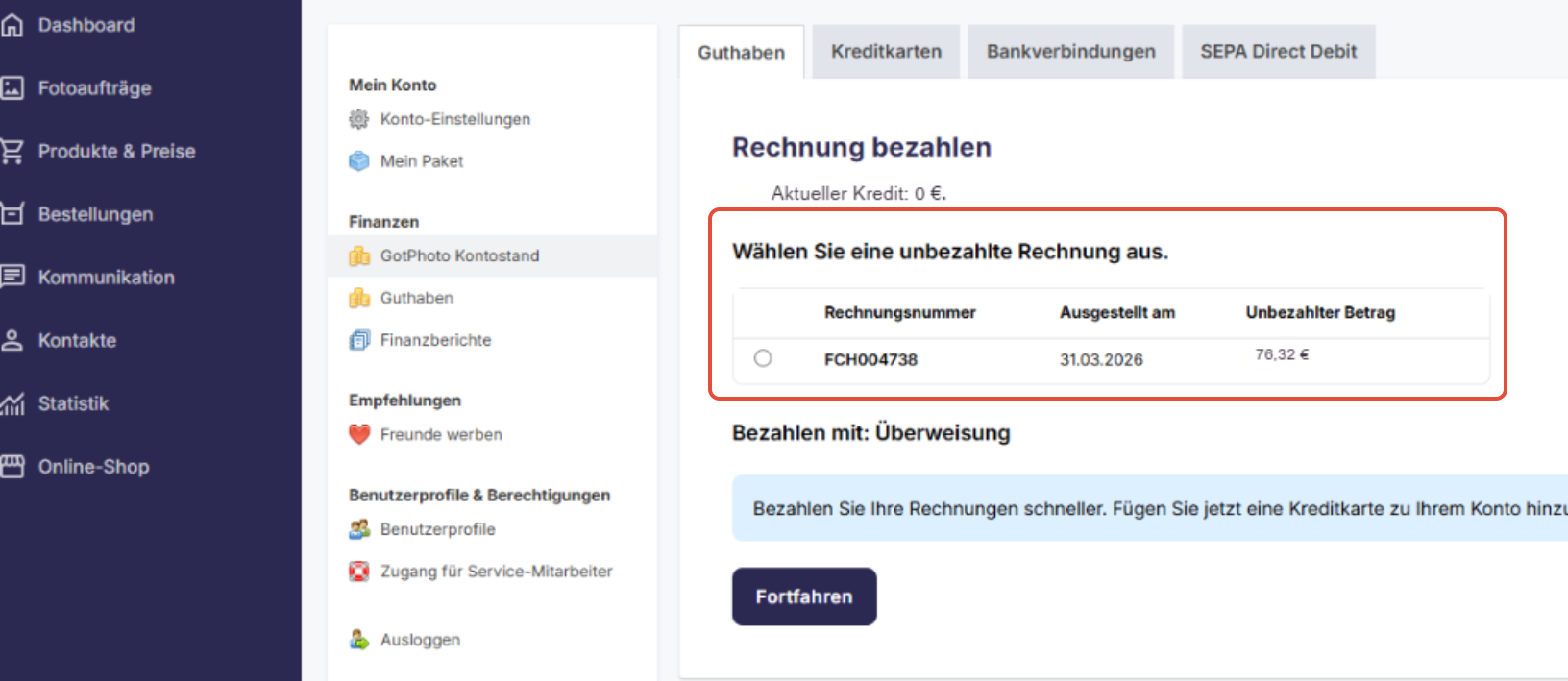 Anzeige offener Rechnungen im GotPhoto Konto