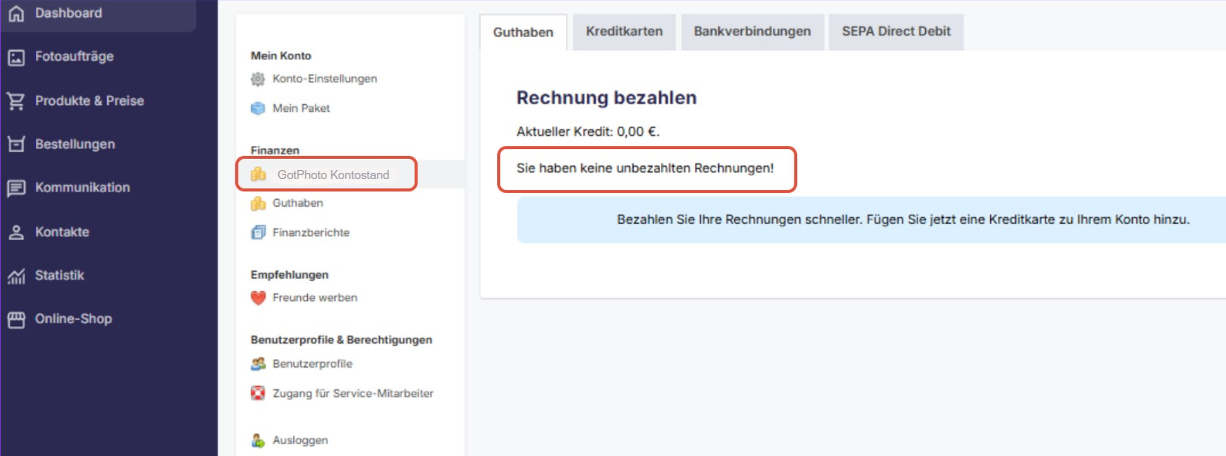 GotPhoto Kontostand zeigt keine offenen Rechnungen