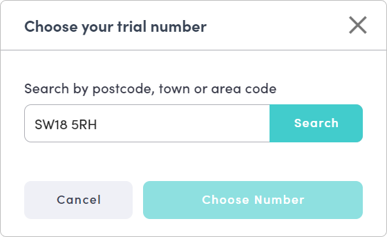 number selection screen with the search bar for town/postcode and the list of selectable phone numbers.