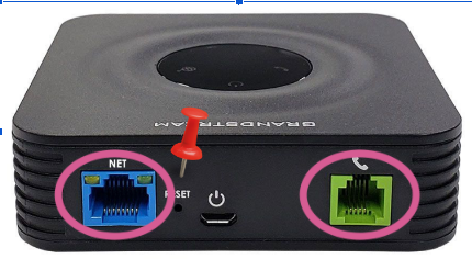 The back panel of the Grandstream HT-801-V2 showing the WAN, Phone, and power ports.