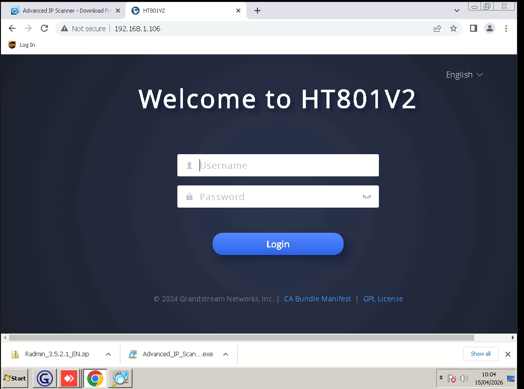 The Grandstream HT-801-V2 web interface login screen showing the username and password fields.