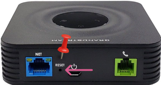 The back of the Grandstream HT-801-V2 showing the reset pinhole button.
