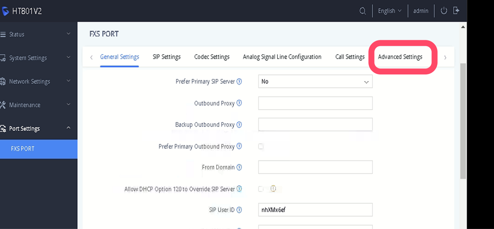The Grandstream HT-801-V2 web interface showing the Advanced Settings tab in the top menu.