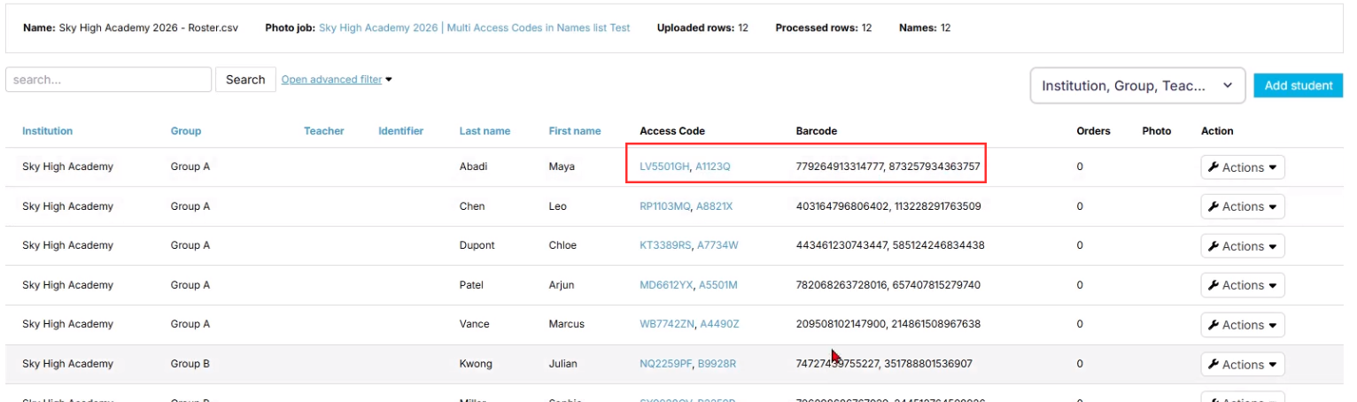 Multiple Access Codes and Barcodes in Names List