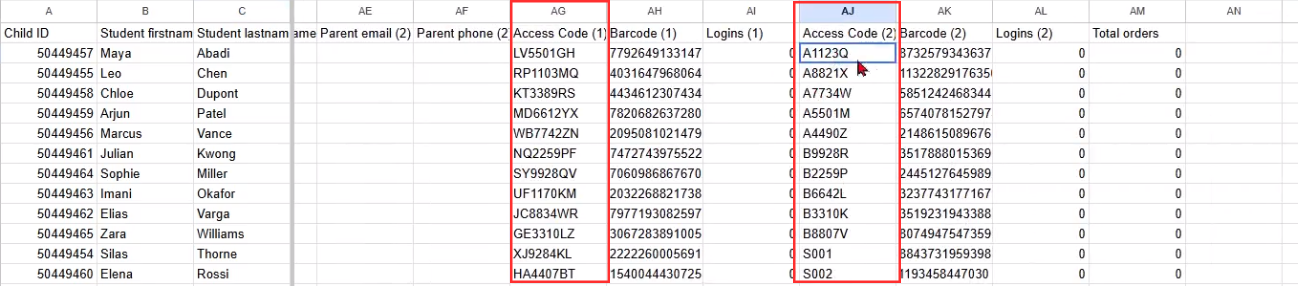 Codes in Access Codes (2) Column