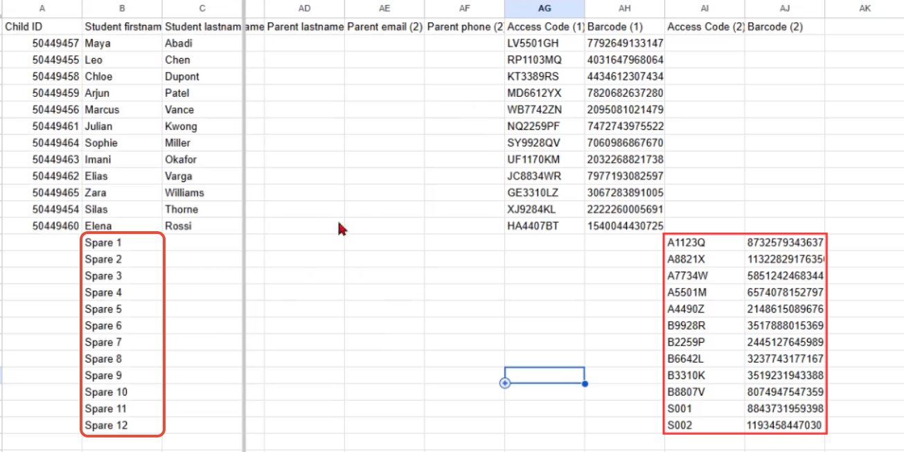 Secondary access codes moved into the Access Code column for spare names