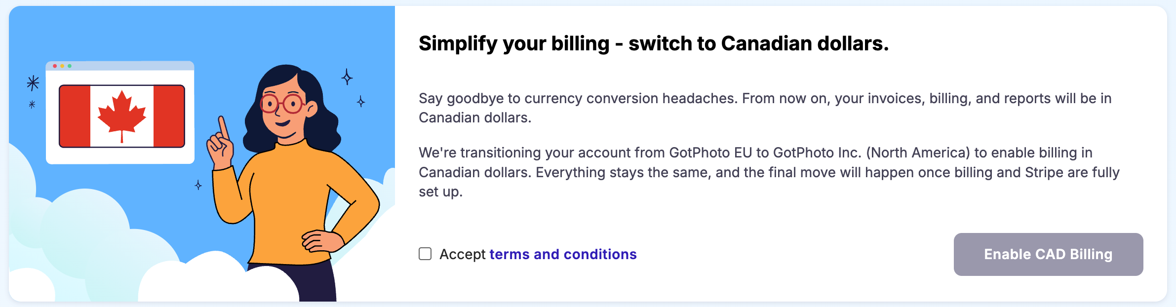 Banner in your account prompting you to enable CAD billing