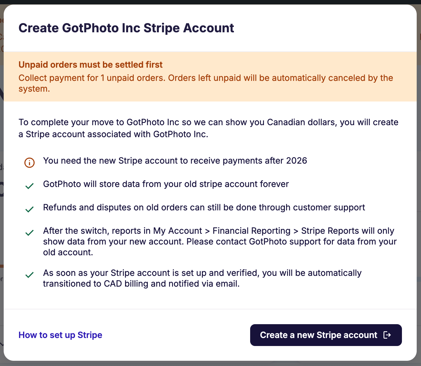 Dialog to create a GotPhoto Inc Stripe account with migration details and unpaid order warning