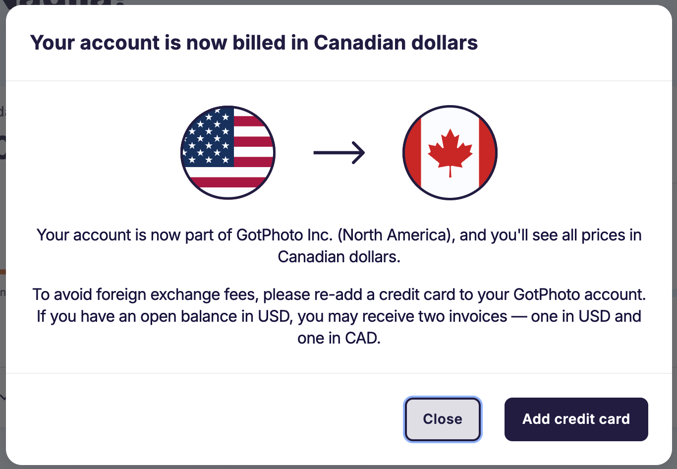 Success banner confirming that CAD billing is active in your account