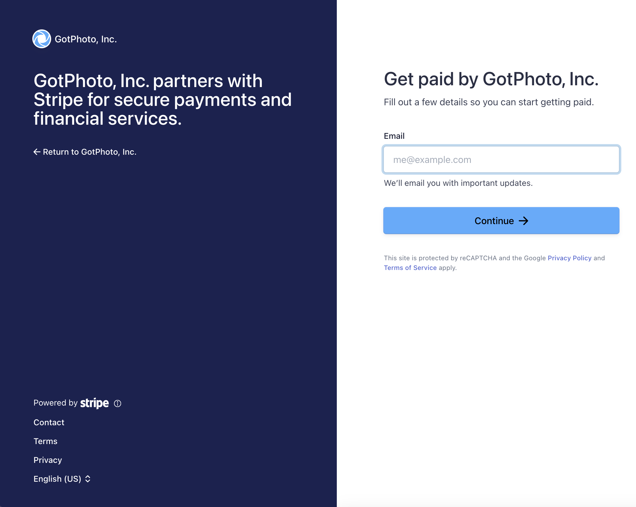 Stripe sign-up screen