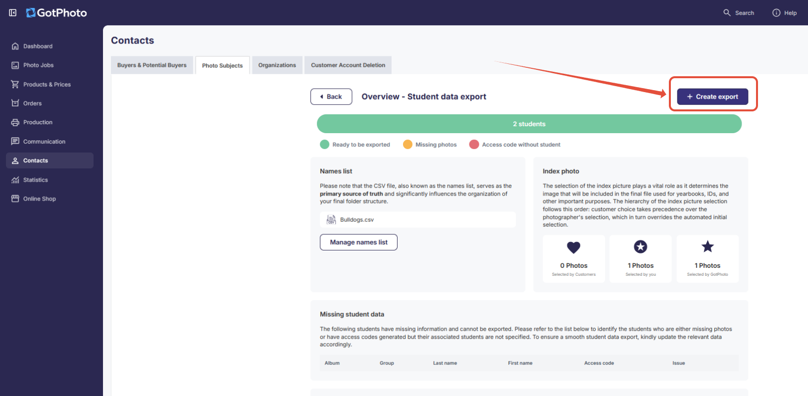 Create export button