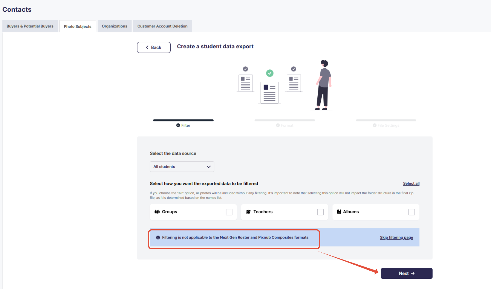 Filter options screen